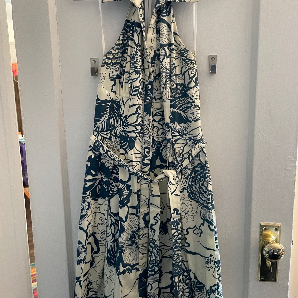 Floral White and Teal Dress, size 8 A-line